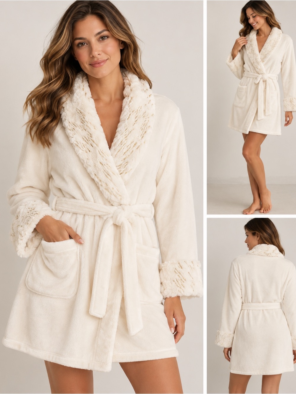 Soma Ivory Plush Robe S/M Faux Fur Gold Sequin Trim